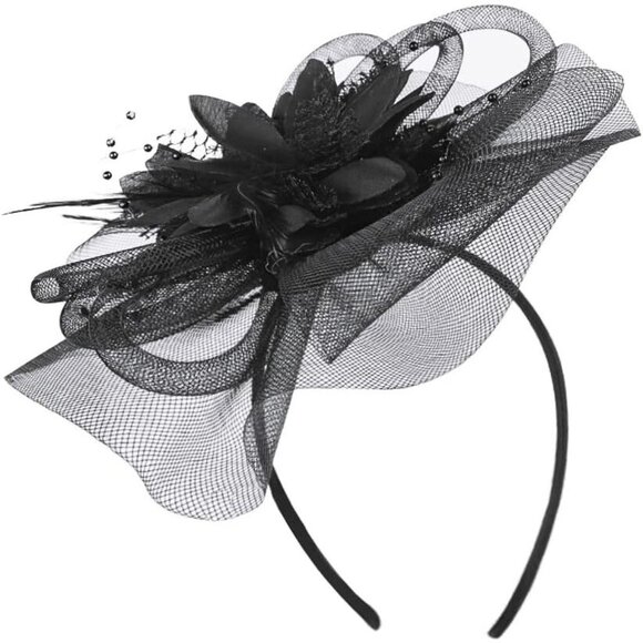 Elegant Black Mesh Flower Fascinator with Beads & Feathers Headband Style - Picture 4 of 8